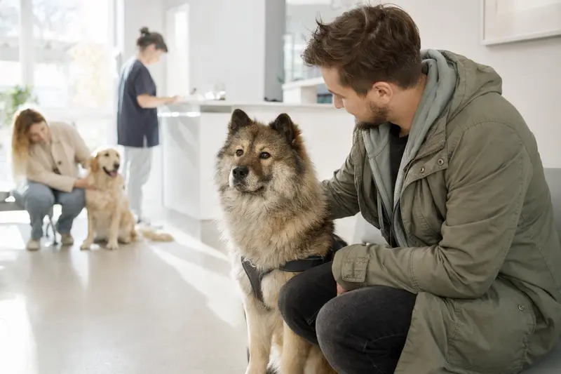 Ein Wolfs-Chow sitzt ruhig neben seinem Besitzer im hellen Wartezimmer einer modernen Tierarztpraxis.
